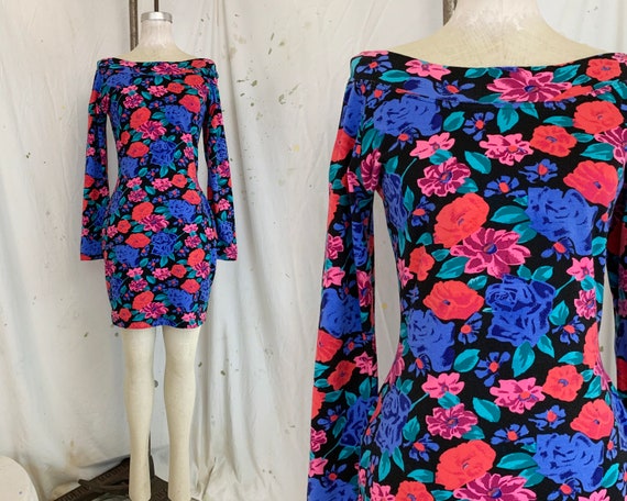 Vintage 80s Jersey Knit Floral Print Bodycon Mini