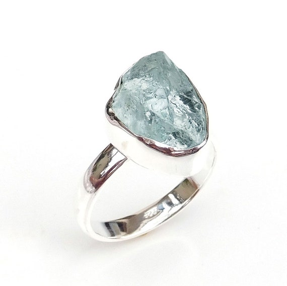 Raw Aquamarine Ring, Birthstone Aquamarine Ring, 925 Sterling