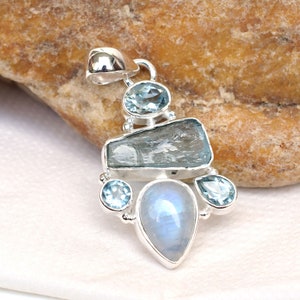 Natürlicher Mondstein Aquamarin Blautopas Anhänger, Multi Edelstein Anhänger, handgemachter 925 Sterling Silber Edelstein Anhänger-U492