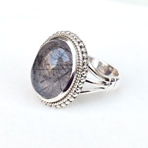 Anel de quartzo rutilo preto: anel de prata esterlina 925