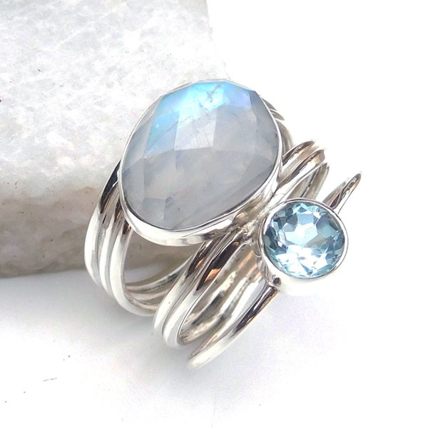 Rainbow Moonstone & Blue Topaz Ring, Handmade Silver Ring, One of Kind Handmade Ring, Unique Ring, Fine Silver Ring, Cocktail Rings-U220