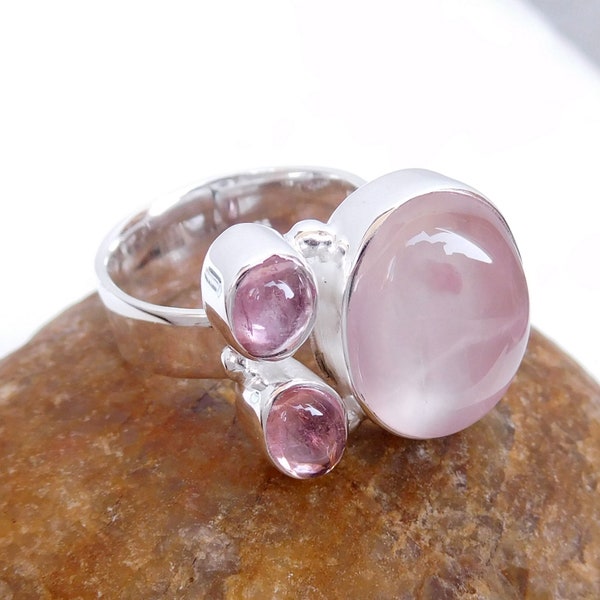 Rose quartz & Pink Tourmaline Ring, Natural Pink Stone Ring, Adjustable Ring, 925 Sterling Silver Handmade Ring, Chunk Ring-U389