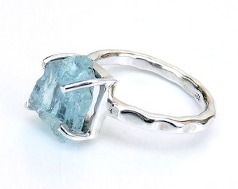 Raw Aquamarine Ring: Hammered Sterling Silver Birthstone Ring