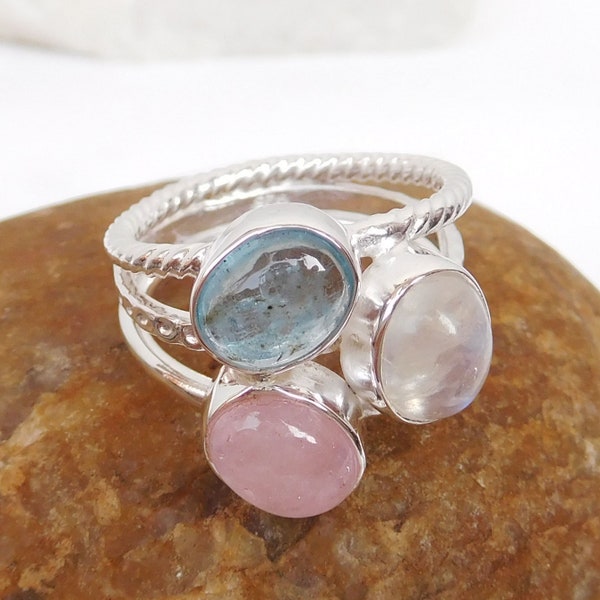 Multi Stone Ring, Aquamarine, Moonstone, Morganite Ring, Natural Multi color Ring, Stackable Ring, 925 Sterling Silver Multi Stone Ring-U402