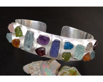 Cuff Bangle, Natural Raw Healing Crystal Bracelet, Multi Stone Bracelet, Brush Finished Bracelet,Raw Gemstone Bracelet,Healing Jewelry-U 226