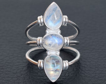 Regenbogen Mondstein Ring: Handgemachter 925 Sterling Silber Edelstein