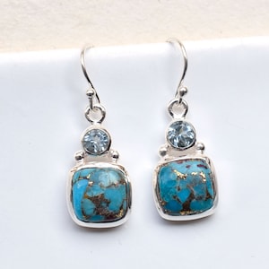 Handmade Sterling Silver Blue Copper Turquoise & Topaz Earrings