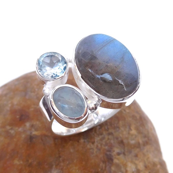 Labradorite Ring, Adjustable Ring, Multi Stone Ring, 925 Sterling Silver Multi Stone Ring, Chunky Style Ring, Multi stone Rings-391