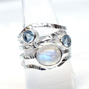 Handmade Moonstone & Blue Topaz Ring: Sterling Silver Statement Ring