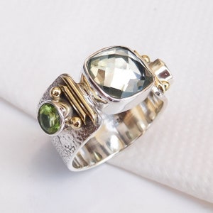 Handmade Green Amethyst Ring: Sterling Silver Peridot Accent