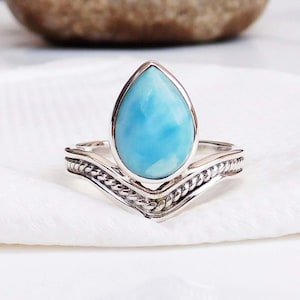 Natural Larimar Ring, Pear Drop Larimar Ring, Unique Handmade Ring, Larimar Gemstone Ring, Solid Silver Handmade Ring, Fine Silver Ring-U200