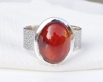 Cabochon Hessonite Garnet Ring: Textured Sterling Silver Band
