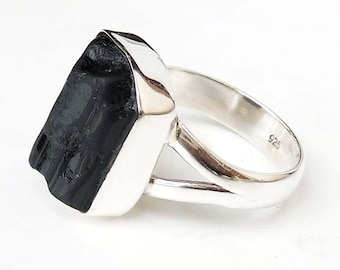 Roher schwarzer Turmalin Ring: 925 Sterling Silber, natürlicher Edelstein
