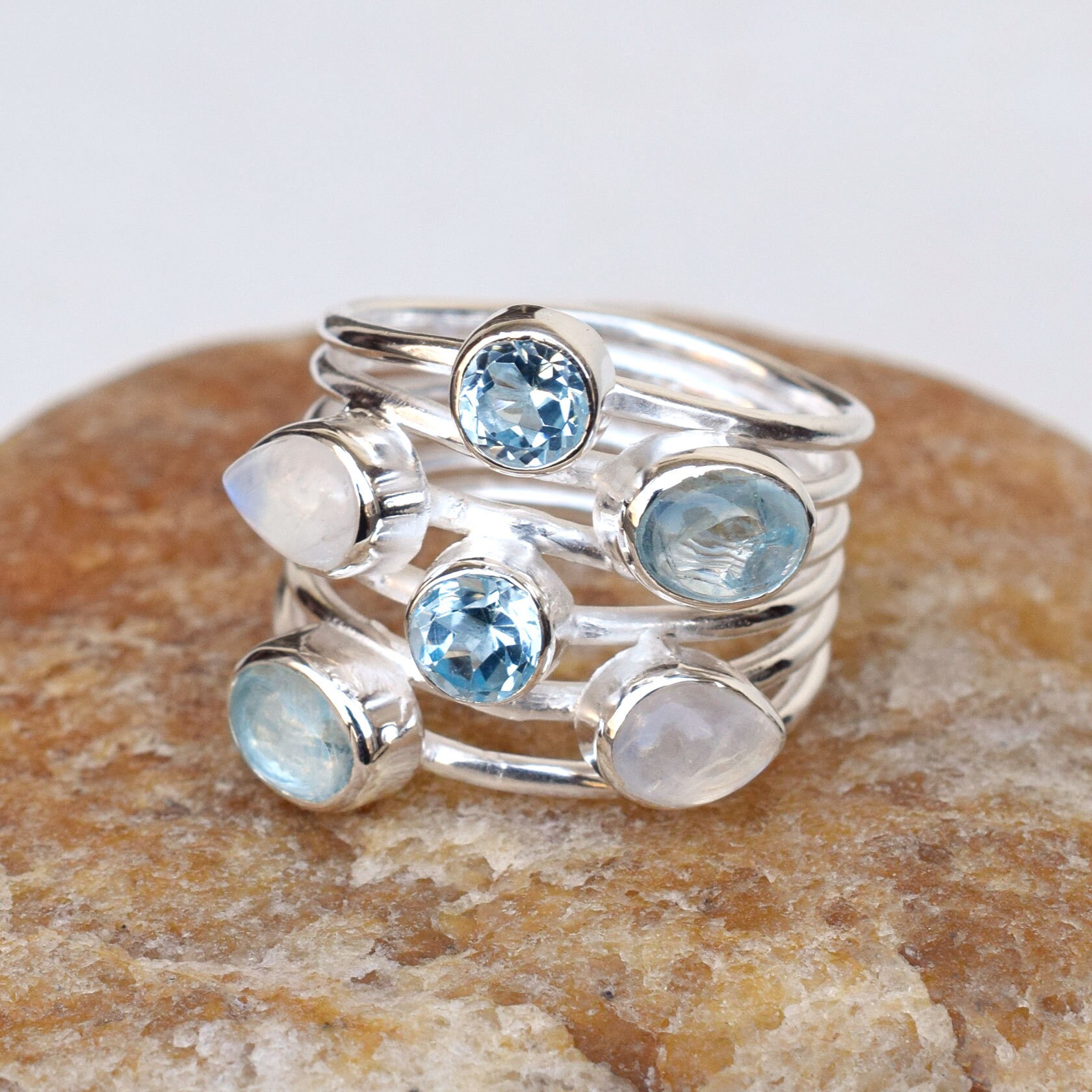 Handmade Sterling Silver Moonstone & Blue Topaz Stackable Ring - Etsy