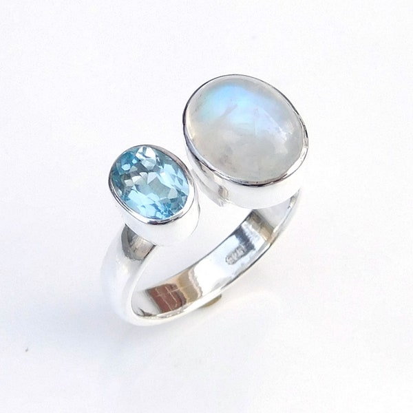 Moonstone & Blue Topaz Ring, Genuine Topaz Ring, Natural moonstone Ring, Adjustable Ring, Open Ring, Handmade Ring, Valentine day Gift-U110