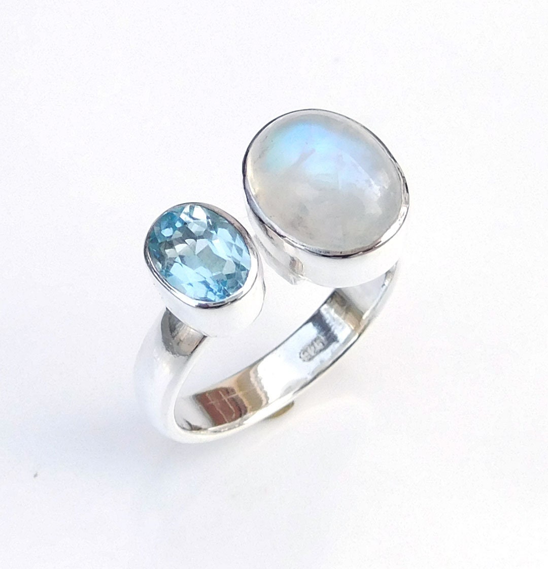 Moonstone & Blue Topaz Ring Genuine Topaz Ring Natural Etsy