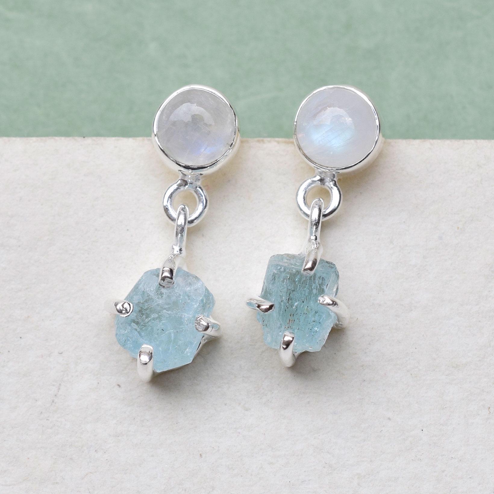 Boucles D'oreille En Pierre De Lune Et Aigue-Marine Sur Argent 925 - Pendantes, Dormeuses, 4.0g
