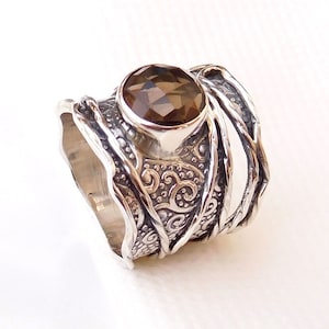 Natuurlijke rookkwartsring, massief 925 sterlingzilveren ring, bandring, edelsteenring, cocktailring, textuurband handgemaakte ringen-U204