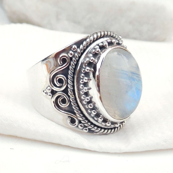 Rainbow Moonstone Ring, 925 Sterling Silver Moonstone Ring