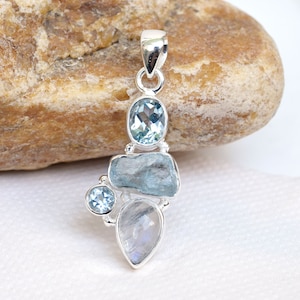 Natural Moonstone Aquamarine Blue Topaz Pendant, Unique Handmade Silver gemstone Pendant, Natural Multi Gemstone Pendants - P05