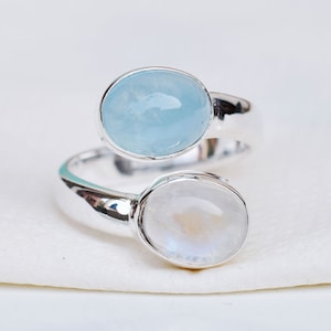 Aquamarine & Moonstone Ring: Handmade Sterling Silver Adjustable Gemstone Ring