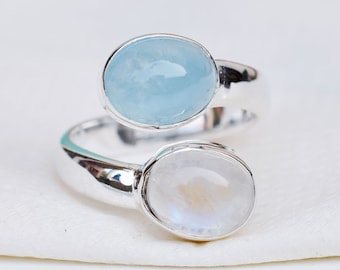 Aquamarine & Moonstone Ring: Handmade Sterling Silver Adjustable Gemstone Ring