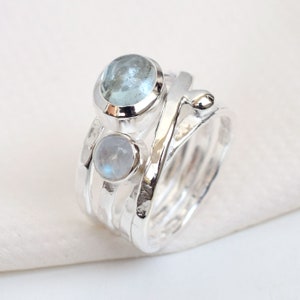 Natural Aquamarine & Moonstone Ring Solitaire Ring Handmade Silver Ring 925 Sterling Silver Moonstone Aquamarine Jewelry-U465