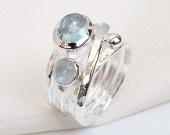Natural Aquamarine & Moonstone Ring Solitaire Ring Handmade Silver Ring 925 Sterling Silver Moonstone Aquamarine Jewelry-U465