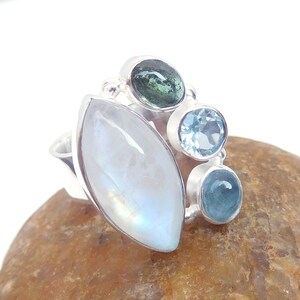 Natural Rainbow Moonstone Ring, Multi Stone Ring, 925 Sterling Silver Multi Stone Ring, Cluster Ring, One of Kind Handmade Rings-U392