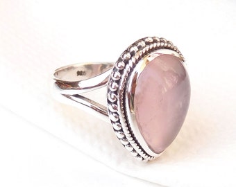 Rose Quartz Ring, Pink Rose Quartz Ring, 925 Sterling Silver Rose quartz Ring, Handmade 925 Sterling Silver Pink Rose Quartz Rings-U210