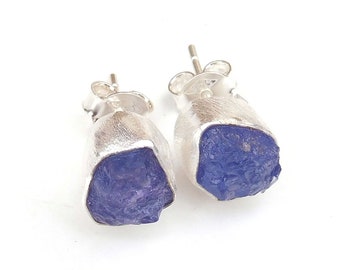 Raw Tanzanite Stud Earrings: Sterling Silver Brush Finish