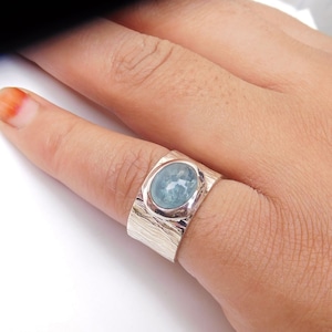 Natural Aquamarine Ring, Birth Stone Aquamarine Ring, Blue Aquamarine Ring, 925 Sterling Silver Aquamarine Ring, Wide Band Ring-U403