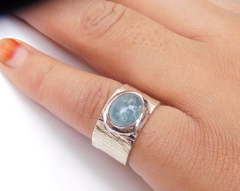 Natural Aquamarine Ring: Wide Band 925 Sterling Silver Ring