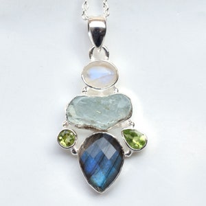 Natural Labradorite Aquamarine Moonstone Peridot Pendant, Multi stone Pendant, Cluster gemstone Jewelry, 925 Sterling Silver Handmade-P04