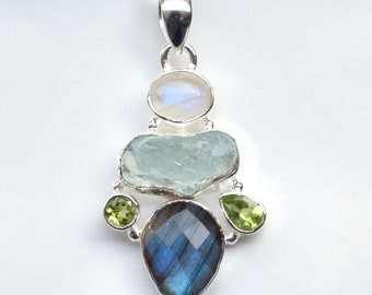 Natural Labradorite Aquamarine Moonstone Peridot Pendant, Multi stone Pendant, Cluster gemstone Jewelry, 925 Sterling Silver Handmade-P04