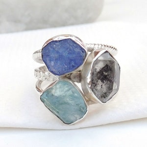 Multi Stone Ring, Natural Multi Raw Rough Gemstone Ring, 925 Sterling Silver Multi Stone Ring, Cluster Ring, Chunky Style Rings-U295