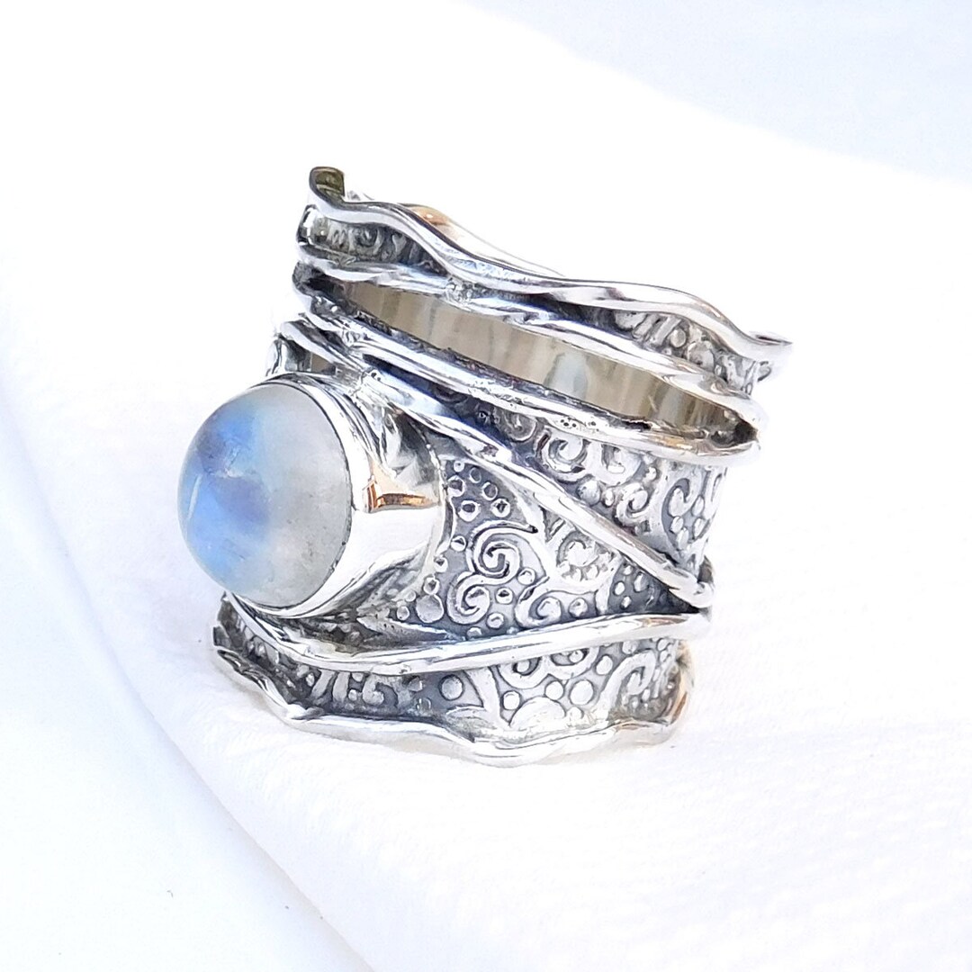 Moonstone Ring Silver Texture Band Ring 925 Unique Handmade - Etsy