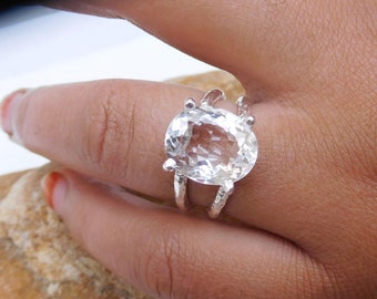 Handmade Oval Quartz Ring: 925 Sterling Silver Prong Setting