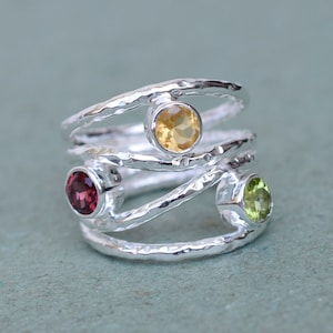 Multi Stein Ring, 925 Sterling Silber Multi Stein Ring, Handgemachter 925 Sterling Silber Ring, Solitär Ring,Gehämmert Silber Ring-U440