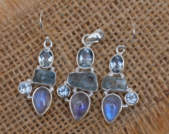 Handmade Sterling Silver Moonstone & Blue Topaz Jewelry Set