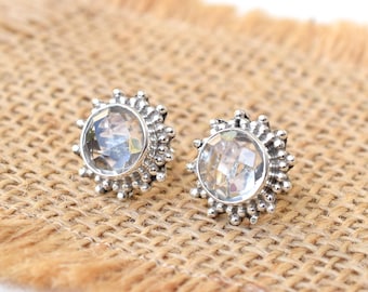 Sterling Silver Crystal Quartz Stud Earrings: Handmade 8mm Round