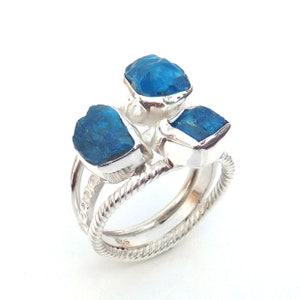 Apatite Ring, Raw Apatite Ring, Neon Blue Apatite Ring, 925 Sterling Silver Apatite Ring, Cluster Apatite Ring, Genuine Handmade Ring-U300