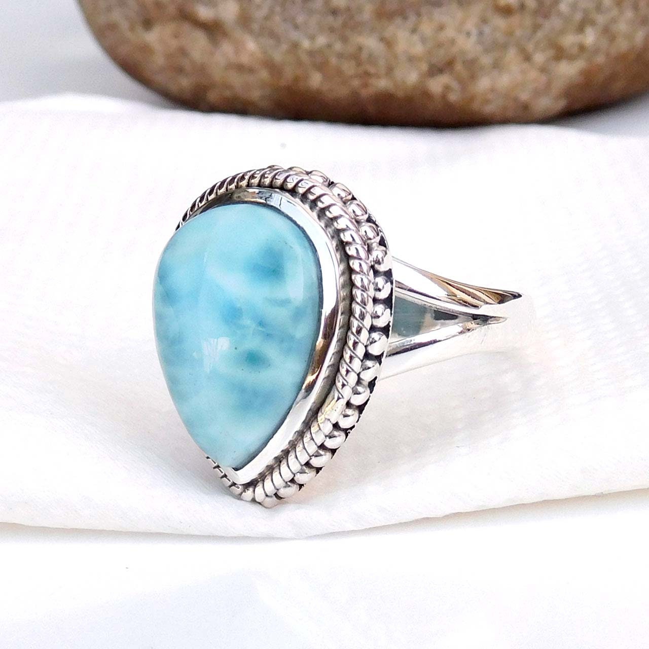 2 CT Natural Larimar Oval Cut Ring - 925 Sterling Silver - Available Sizes 5-10