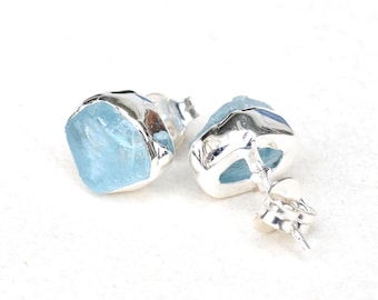 Raw Aquamarine Stud Earrings: Sterling Silver Crystal Post Earrings
