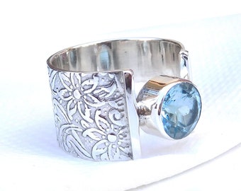 Engraved Sterling Silver Blue Topaz Ring: Wide Band Handmade Jewelry