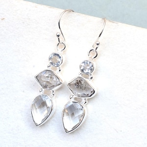 Natural Herkimer Diamond & Crystal quartz Earring, Handmade Silver gemstone Earring, Vintage Earring, One of Kind handmade Earring-E05