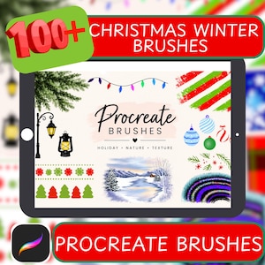 May include: A digital tablet screen displaying a collection of 100+ Christmas winter brushes for Procreate. The screen features holiday-themed illustrations including pine branches, string lights, ornaments, snowy landscapes, and festive patterns.