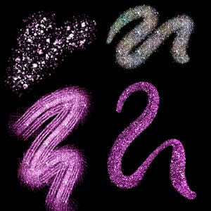 May include: Four glitter designs on a black background. The designs include a cluster of white glitter, a silver and green glitter swirl, a textured purple glitter swirl, and a solid purple glitter swirl.