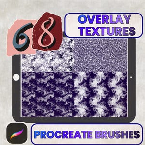 Könnte beinhalten: Digitale Kunst-Tools auf einem Tablet dargestellt. Das Bild zeigt den Text "Overlay Textures" und "Procreate Brushes". Das Tablet zeigt verschiedene abstrakte Muster in Weiß und Marineblau. Die Zahlen 6 und 8 sind ebenfalls vorhanden.