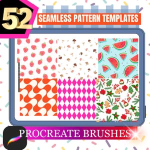 May include: A digital tablet displays six seamless pattern templates. The patterns include strawberries, mushrooms, watermelon slices, orange and white waves, pink diamonds, and Christmas-themed designs. Text reads "52 SEAMLESS PATTERN TEMPLATES" and "PROCREATE BRUSHES".